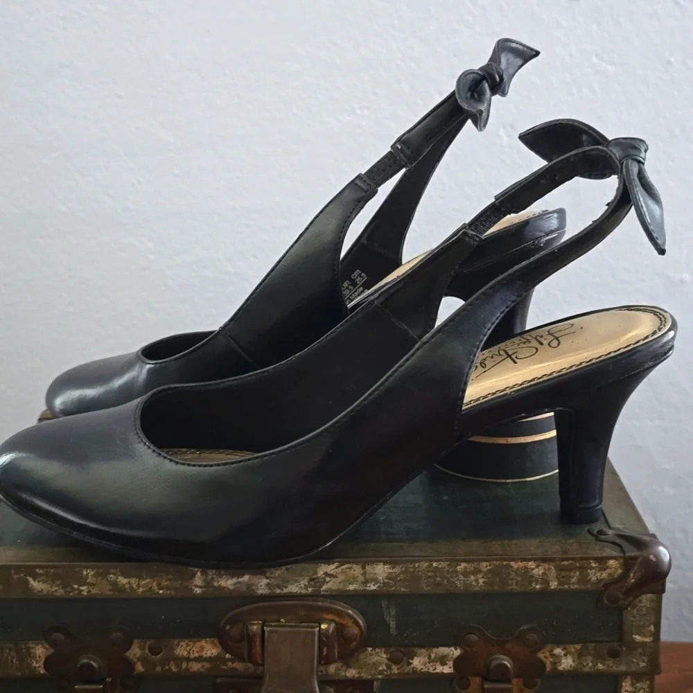Parisian Black Bow Sling back Round Toe Vegan Leather Low Kitten Heel
